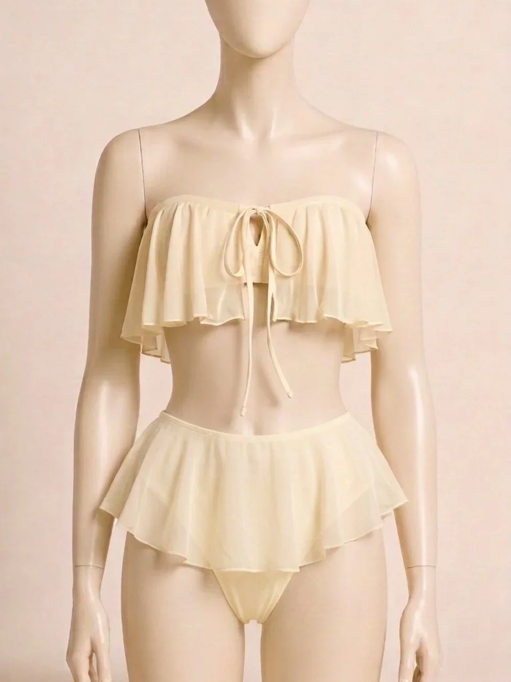 SAMIOL Light Yellow Bandeau Ruffle Mesh Skirt Bikini Set Size S Strapless